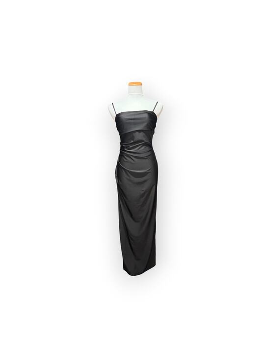Q Dresses & Skirts - Black Satin Ruched Slip Dress Midi Cocktail Evening Party Dress Womens Large
